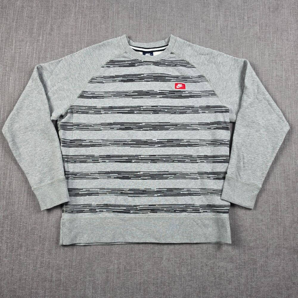Nike Gray Black Striped Crewneck Sweatshirt Size L Streetwear Loungewear Y2K